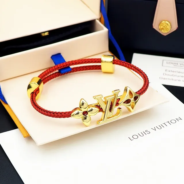 Louis Vuitton Red Braided Cord Gold-Tone Monogram Flower Charm Bracelet 9