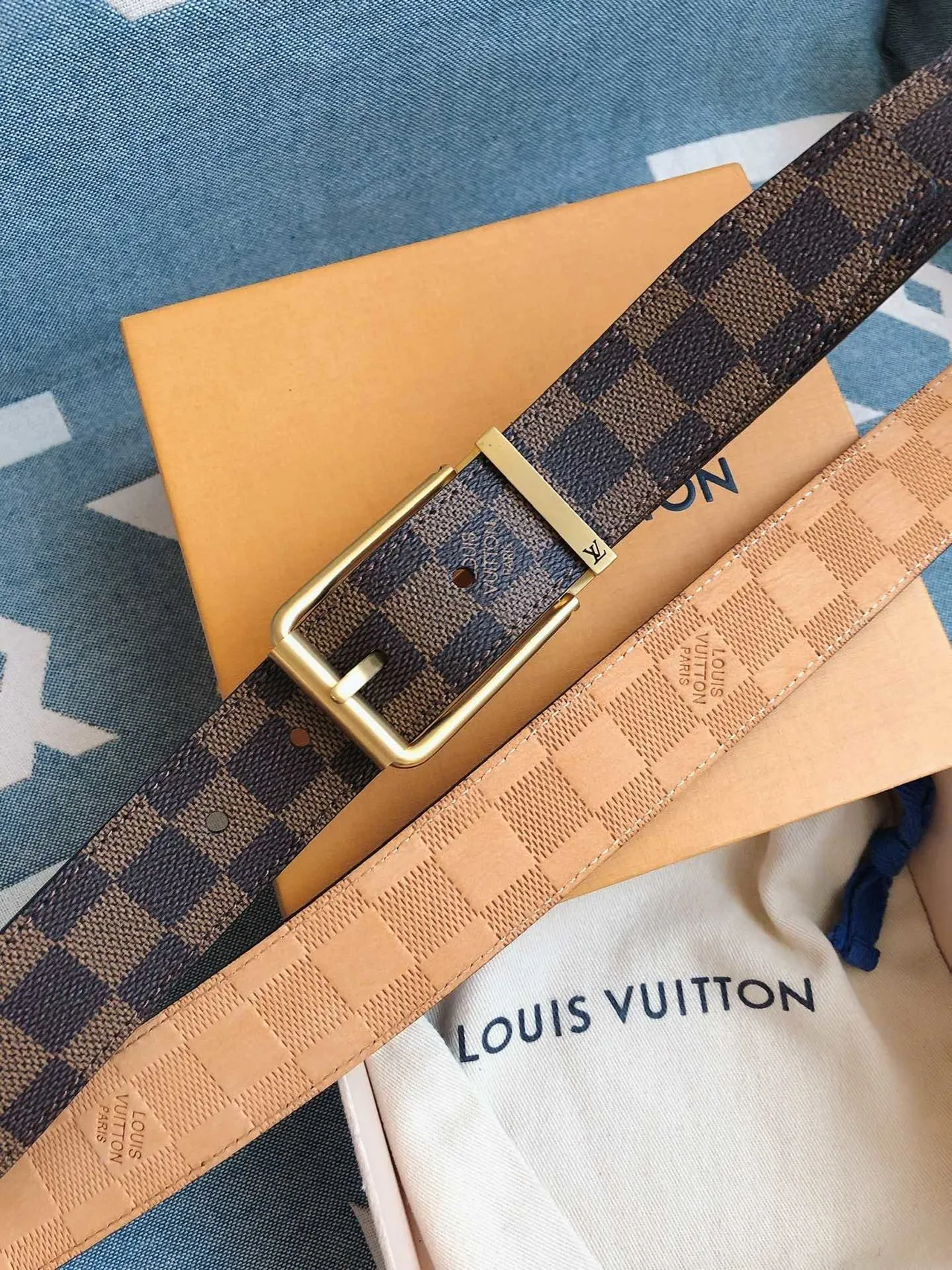 Louis Vuitton Reversible Belt Brown Gold Damier Graphite Canvas Buckle Leather Belt 4