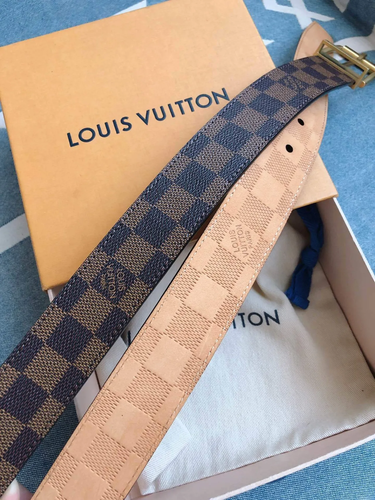 Louis Vuitton Reversible Belt Brown Gold Damier Graphite Canvas Buckle Leather Belt 5