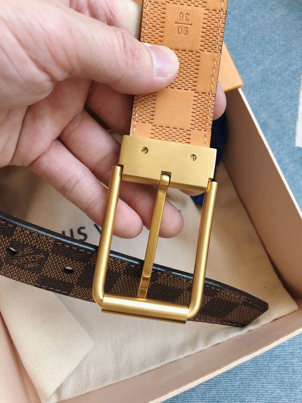 Louis Vuitton Reversible Belt Brown Gold Damier Graphite Canvas Buckle Leather Belt 7