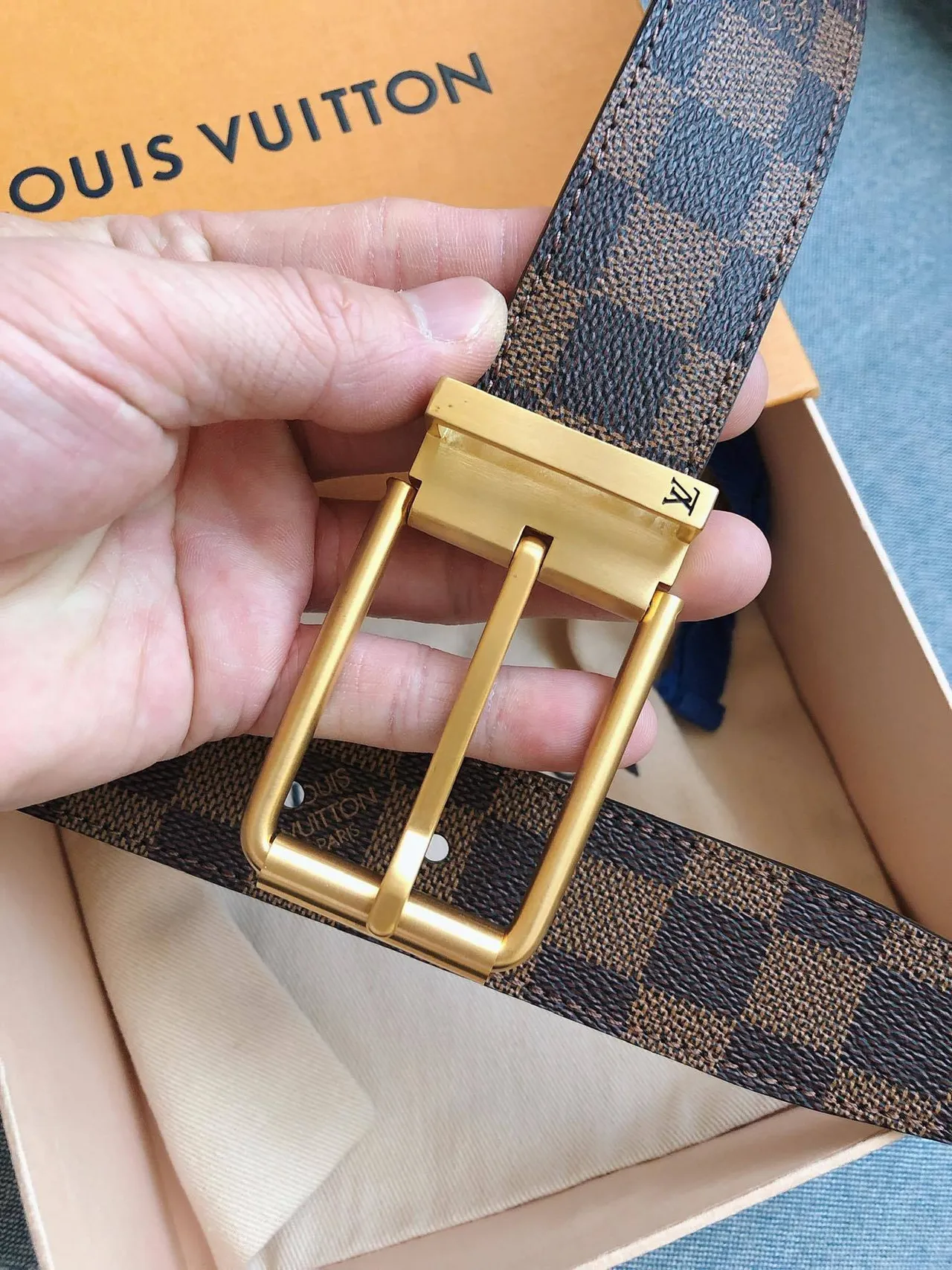 Louis Vuitton Reversible Belt Brown Gold Damier Graphite Canvas Buckle Leather Belt 8