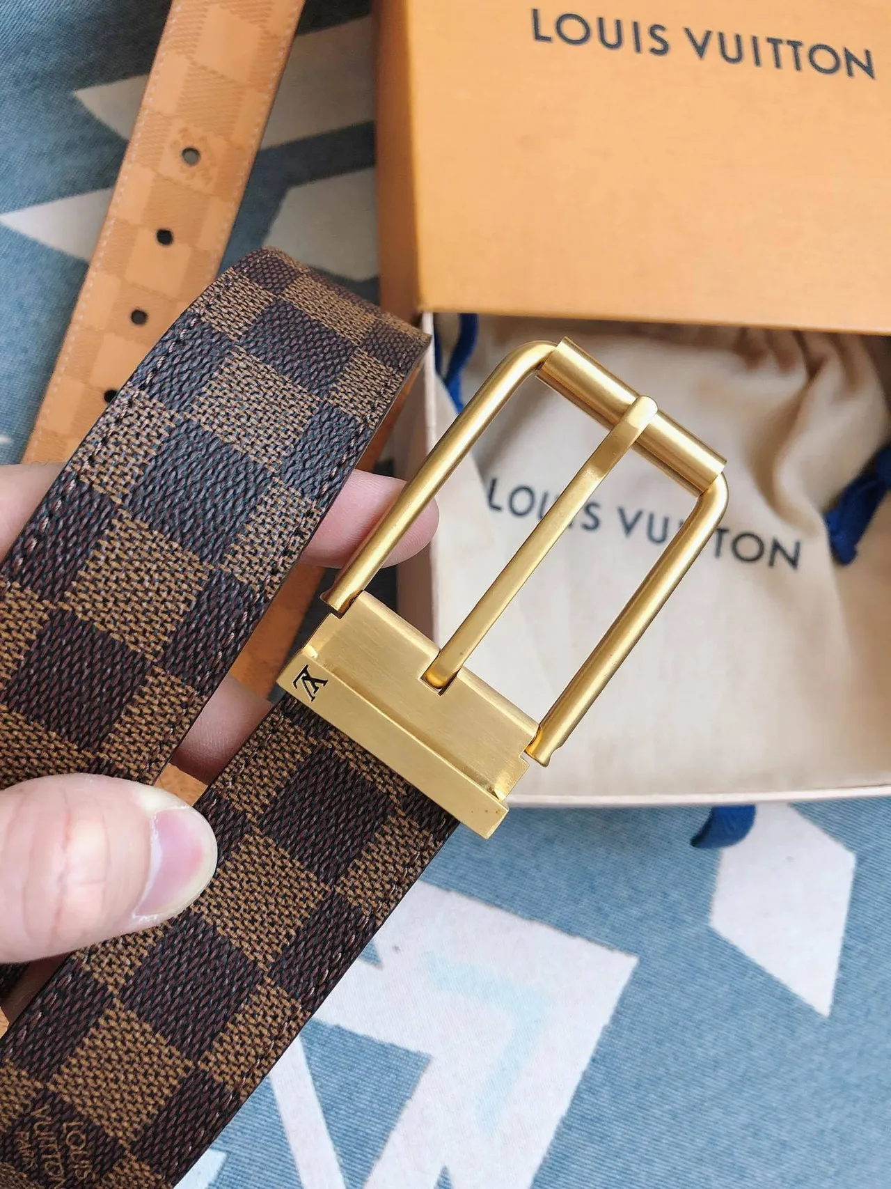 Louis Vuitton Reversible Belt Brown Gold Damier Graphite Canvas Buckle Leather Belt 9