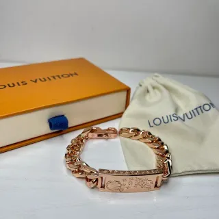 Louis Vuitton Rose Gold Curb Chain Engraved Plaque Bracelet