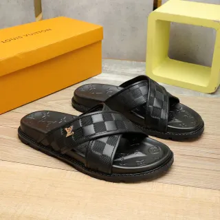 Louis Vuitton Run Away Black Gold Checkered Strap Monogram-Embossed Sole Slippers