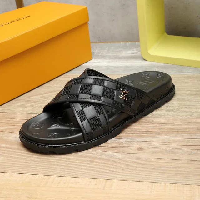 Louis Vuitton Run Away Black Gold Checkered Strap Monogram-Embossed Sole Slippers 6