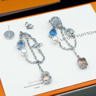 Louis Vuitton فضية زرقاء غير متماثلة معلقة سلسلة ربط بناء أقراط