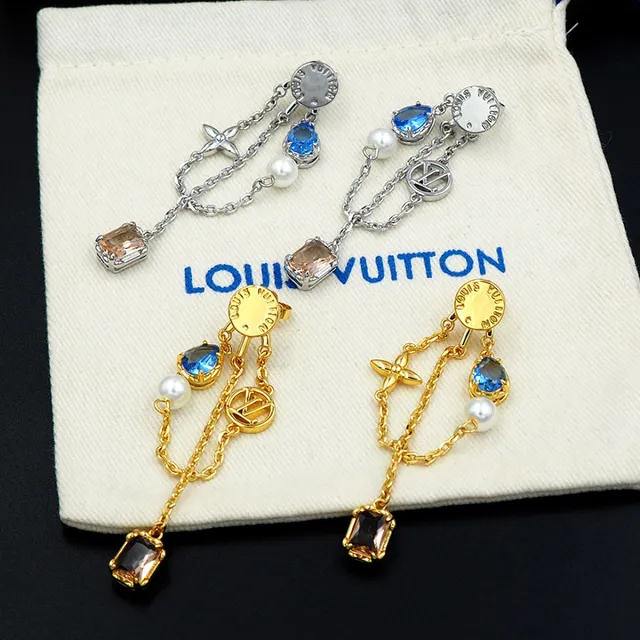 Louis Vuitton Silver Blue Asymmetrical Dangle Chain-Link Construction Earrings 8
