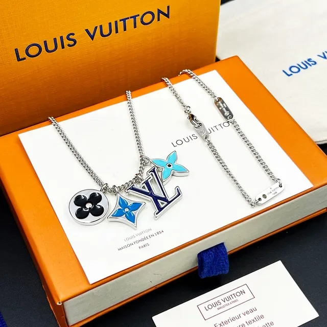 Louis Vuitton Silver Blue Multi-Charm Pendant Enamel Detailing Necklace 5