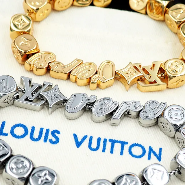 Louis Vuitton Silver Gold Cube-Bead Monogram-Engraved Bracelet 2