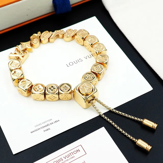 Louis Vuitton Silver Gold Cube-Bead Monogram-Engraved Bracelet 3