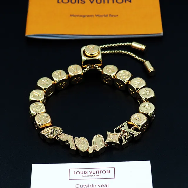 Louis Vuitton Silver Gold Cube-Bead Monogram-Engraved Bracelet 8