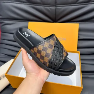 Sandálias Louis Vuitton Preto Marrom Sola Plataforma Damier Check Alça