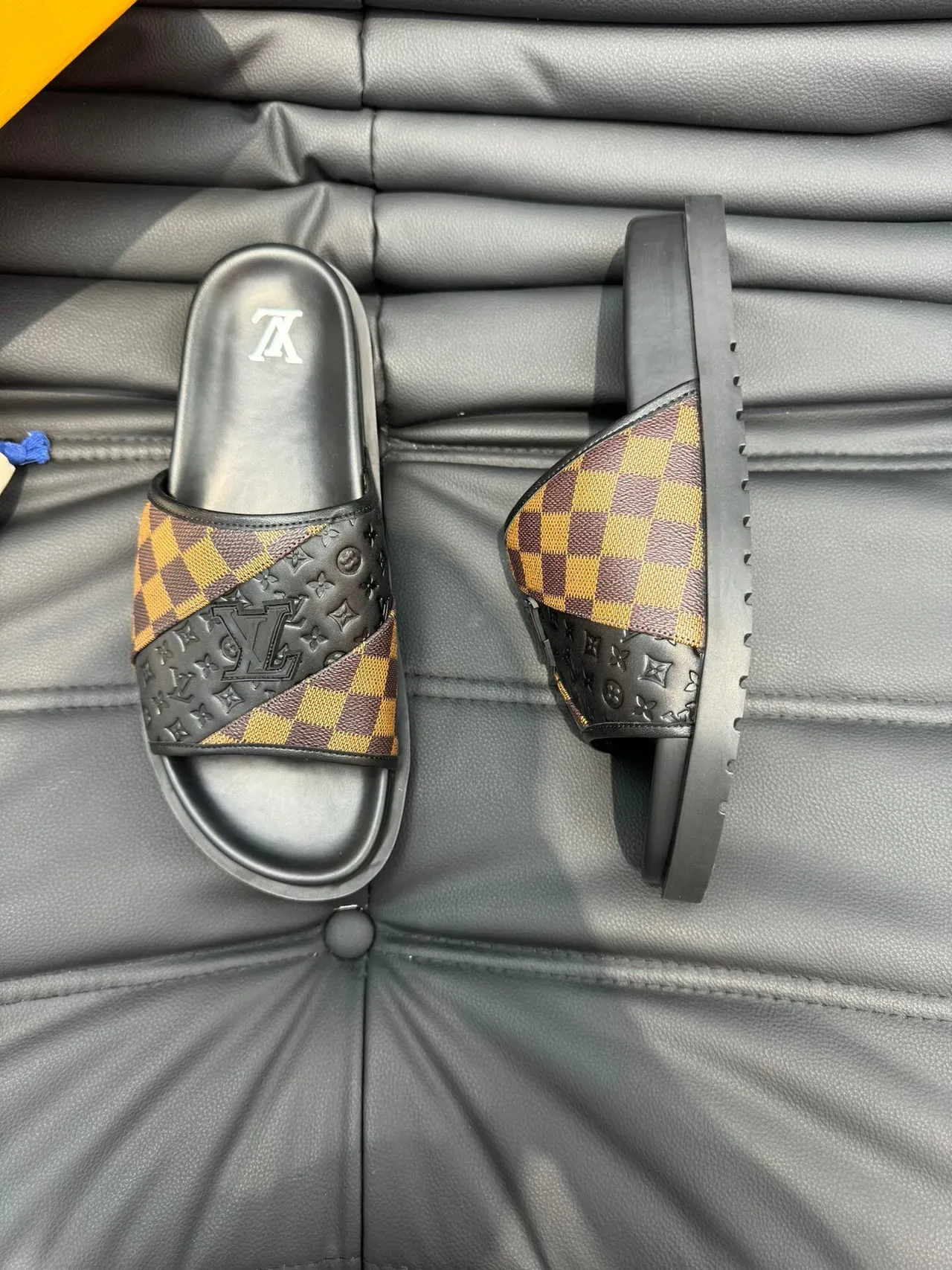 Louis Vuitton Slide Black Brown Platform Sole Damier Check Strap Slippers 3