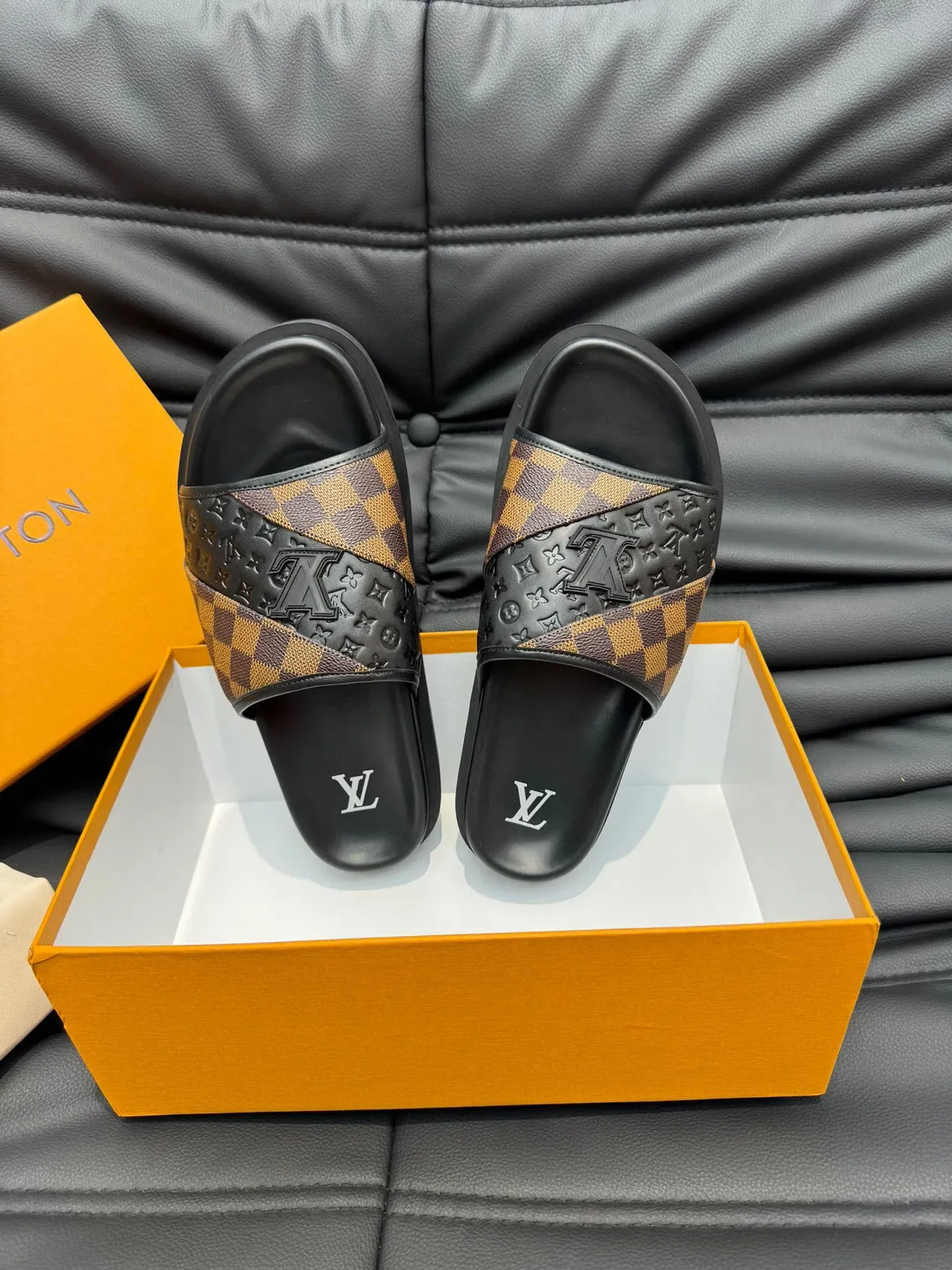 Louis Vuitton Slide Black Brown Platform Sole Damier Check Strap Slippers 5