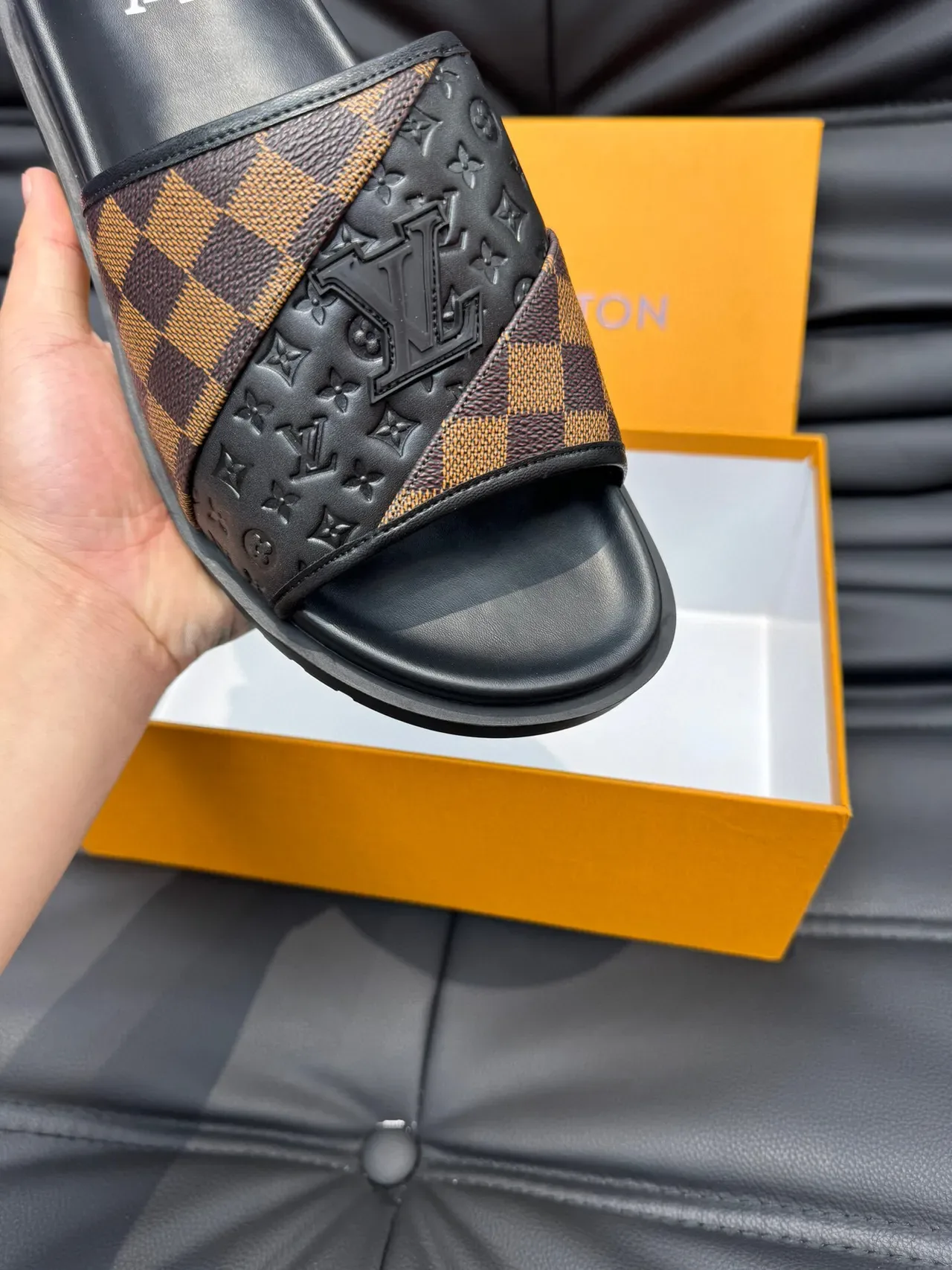Louis Vuitton Slide Black Brown Platform Sole Damier Check Strap Slippers 7