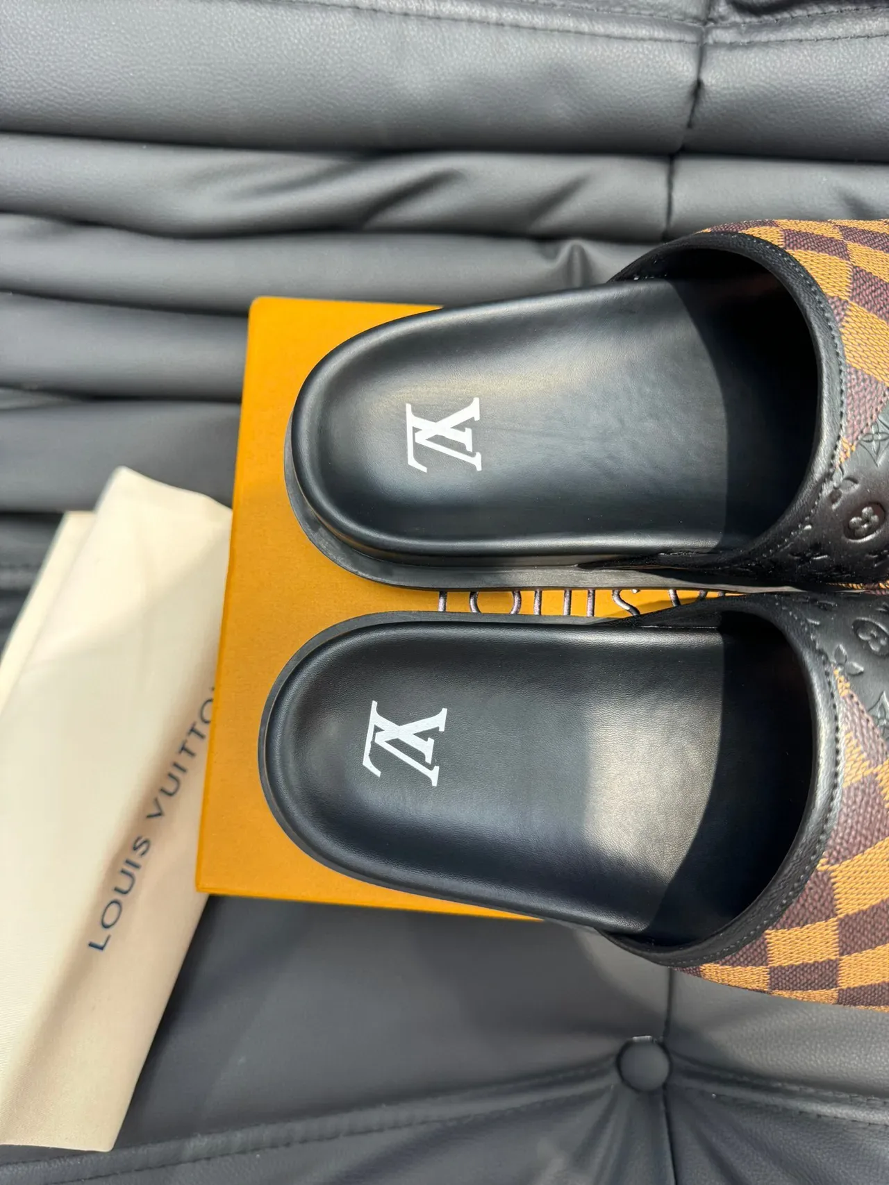 Louis Vuitton Slide Black Brown Platform Sole Damier Check Strap Slippers 8