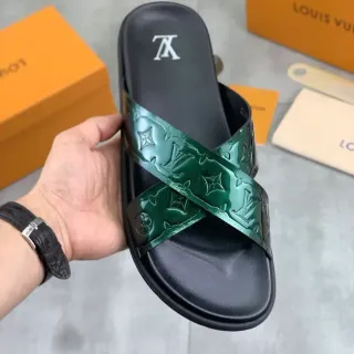 Louis Vuitton Negro Verde Brillante Monograma Correa Cruzada Diseño Chanclas