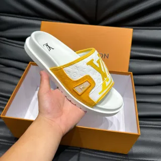 Louis Vuitton sandalias slide blancas y mostaza