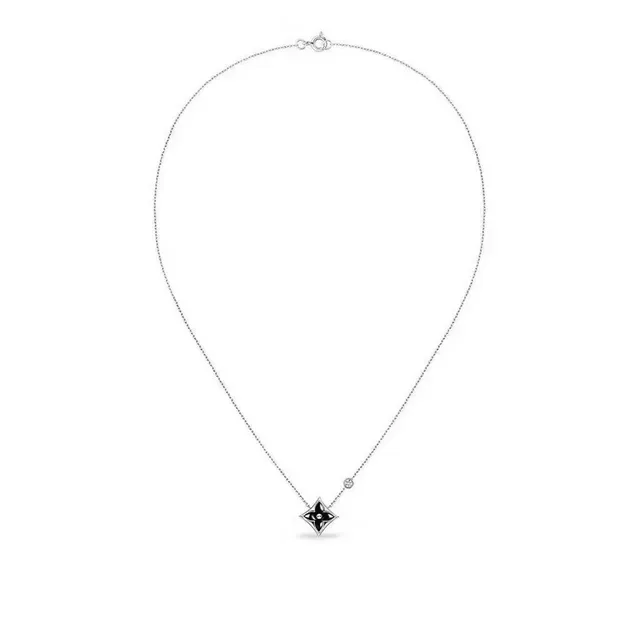 Louis Vuitton Pingente Estrela Dourado Preto Esmaltado Monograma Colar 20