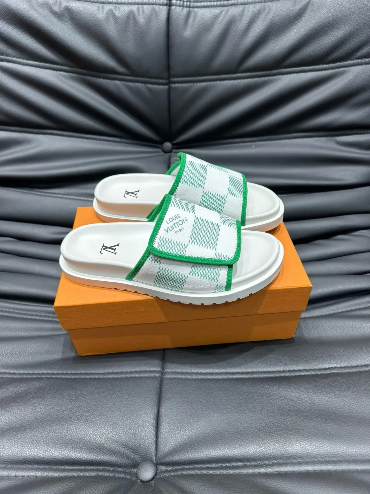 Louis Vuitton White and Green Patterned Platform Slipper 9