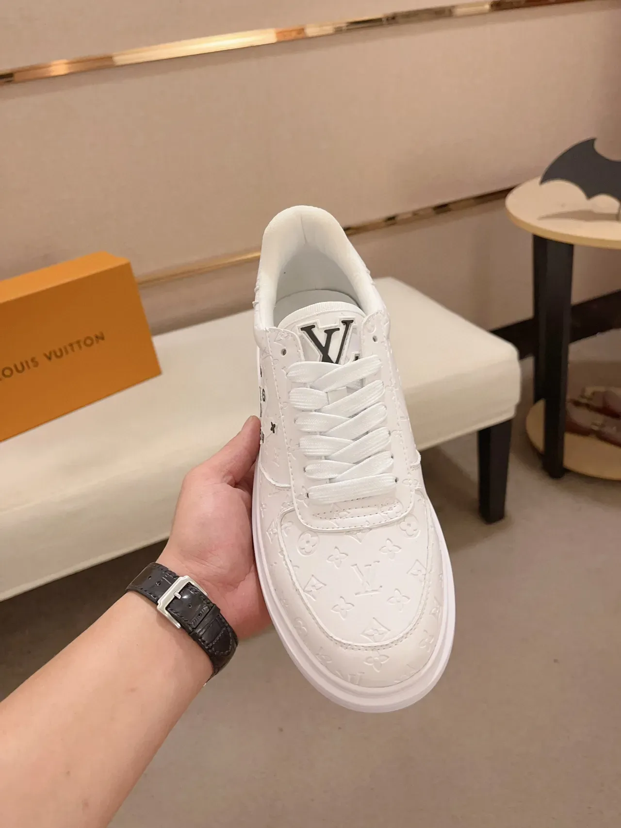 Louis Vuitton White Black Embossed Monogram Leather Decorative Stud Accents Lifestyle Sneakers 2