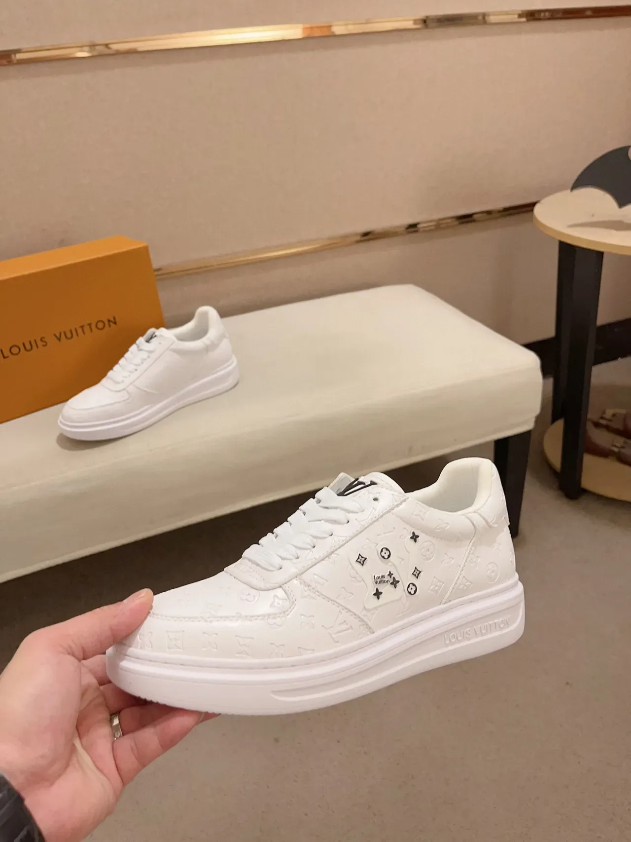 Louis Vuitton White Black Embossed Monogram Leather Decorative Stud Accents Lifestyle Sneakers 3