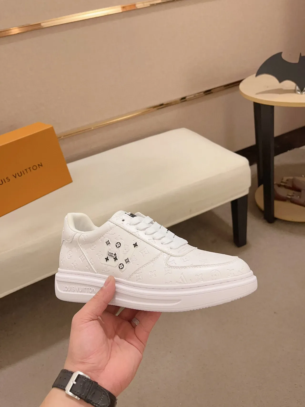Louis Vuitton White Black Embossed Monogram Leather Decorative Stud Accents Lifestyle Sneakers 4