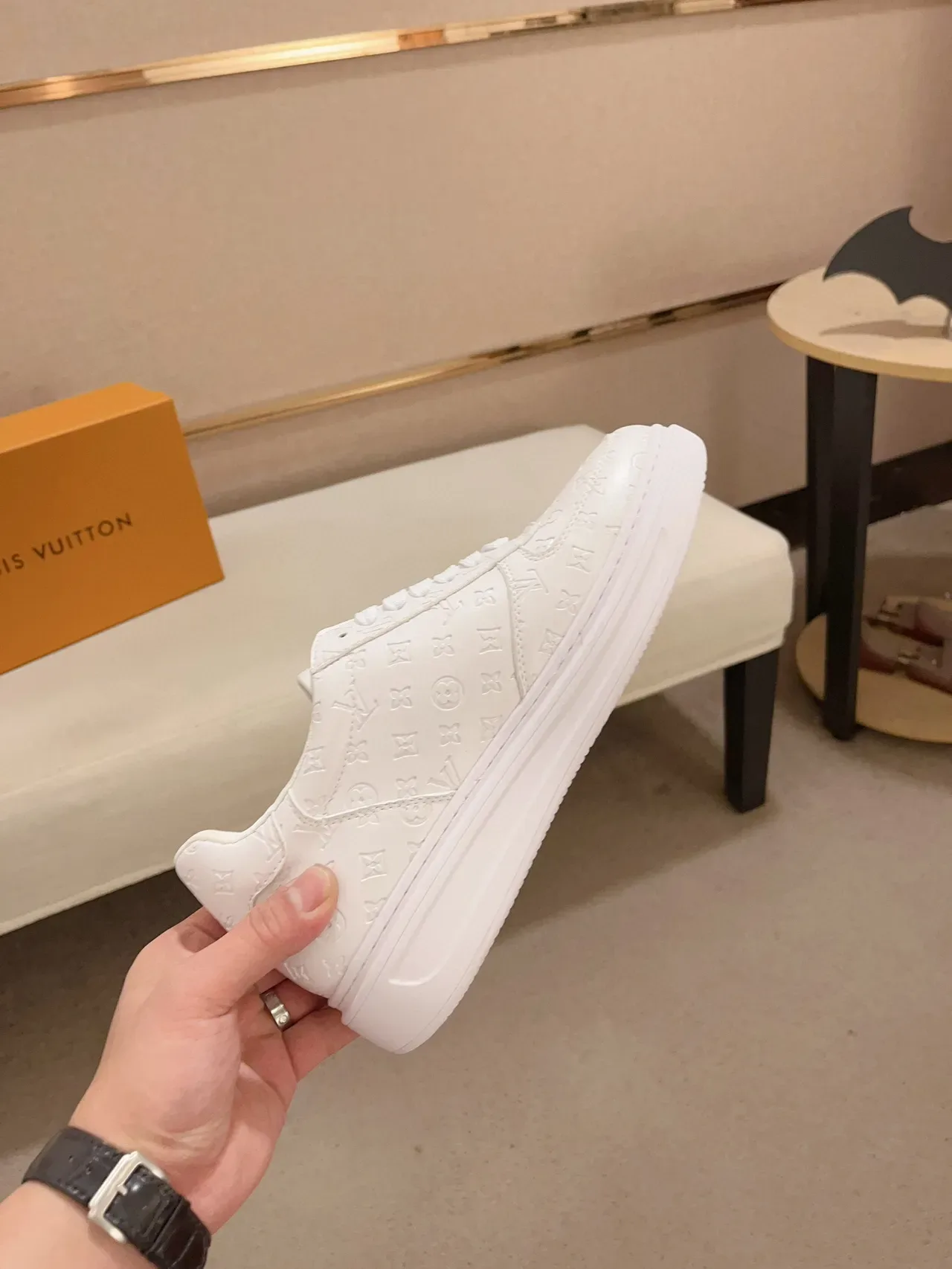 Louis Vuitton White Black Embossed Monogram Leather Decorative Stud Accents Lifestyle Sneakers 5