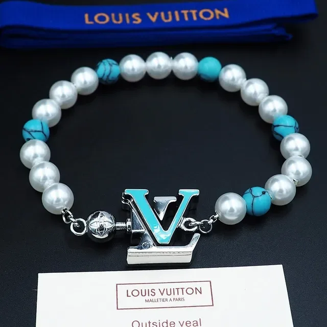 Louis Vuitton White Blue Pearl And Turquoise Bead Strand Enamel LV Monogram Charm Bracelet 7
