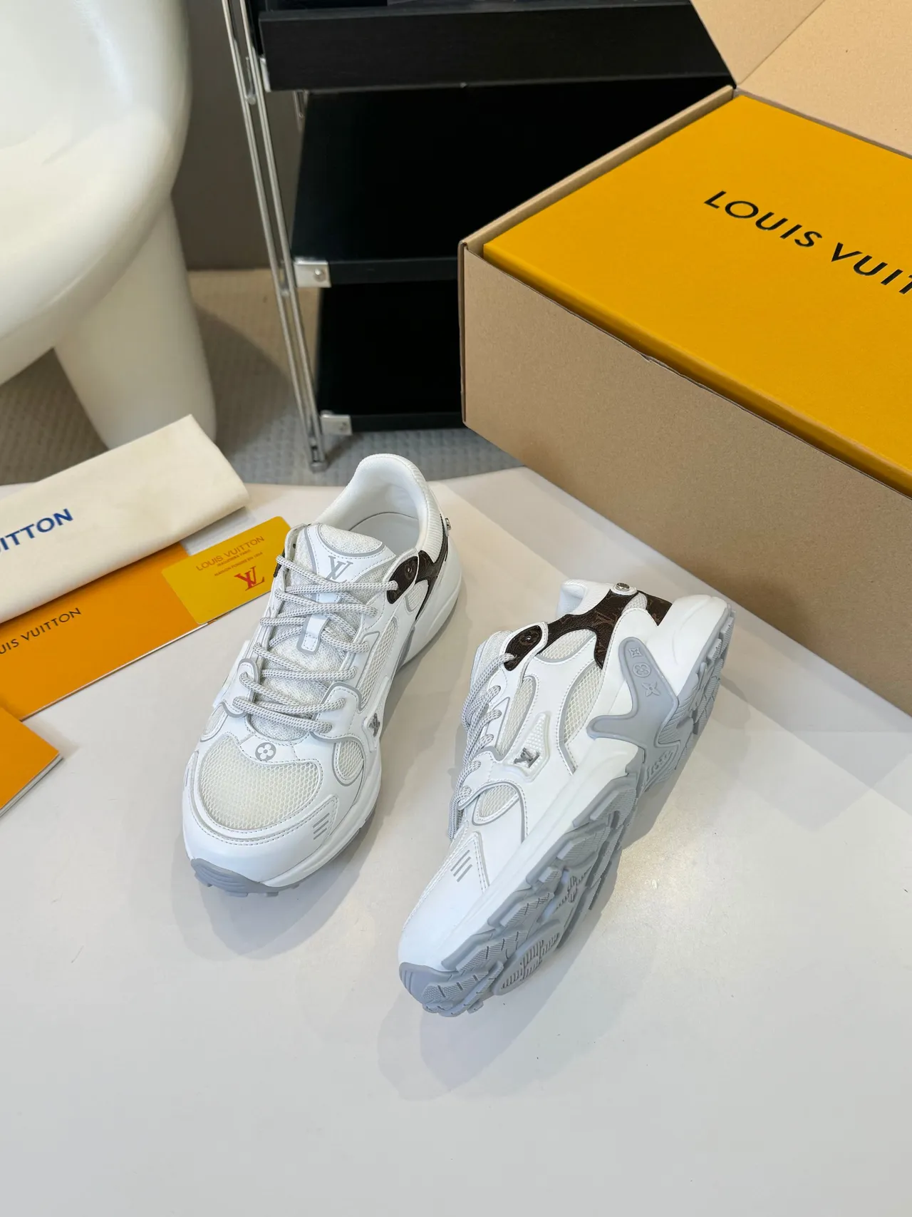 Louis Vuitton White Brown Multi-Layered Mesh And Monogram Leather Embossed LV Logos Chunky Sneakers 3