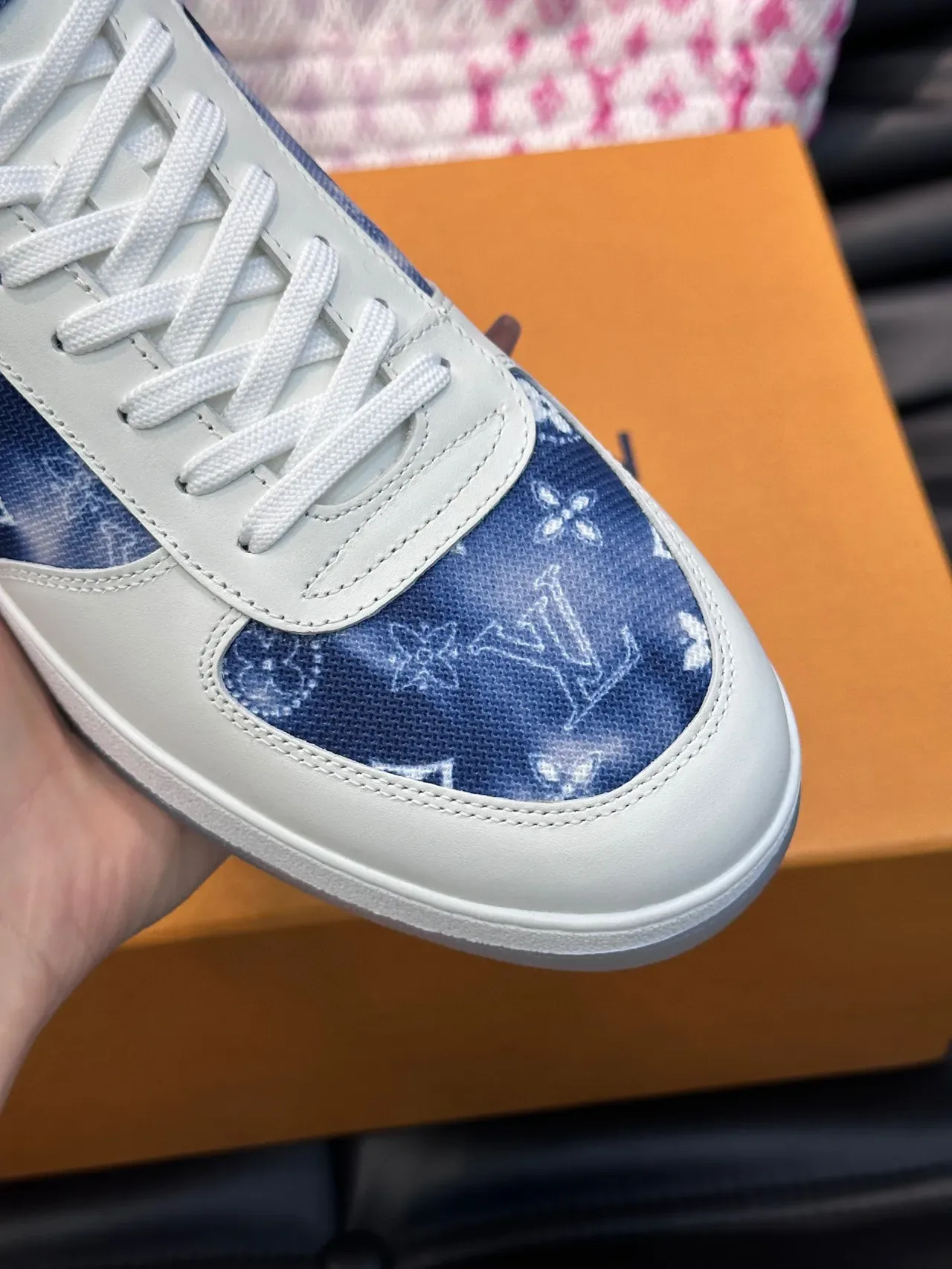 Louis Vuitton White Navy High-Top Monogram-Printed Lifestyle Sneakers 5
