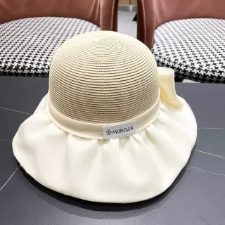 Moncler Beige Woven Straw-Like Crown Ruffled Fabric Brim Bucket Hat