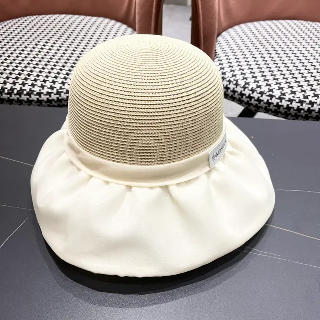Moncler Beige Sombrero de cubo con corona tejida al estilo de paja y borde de tela rizada 8