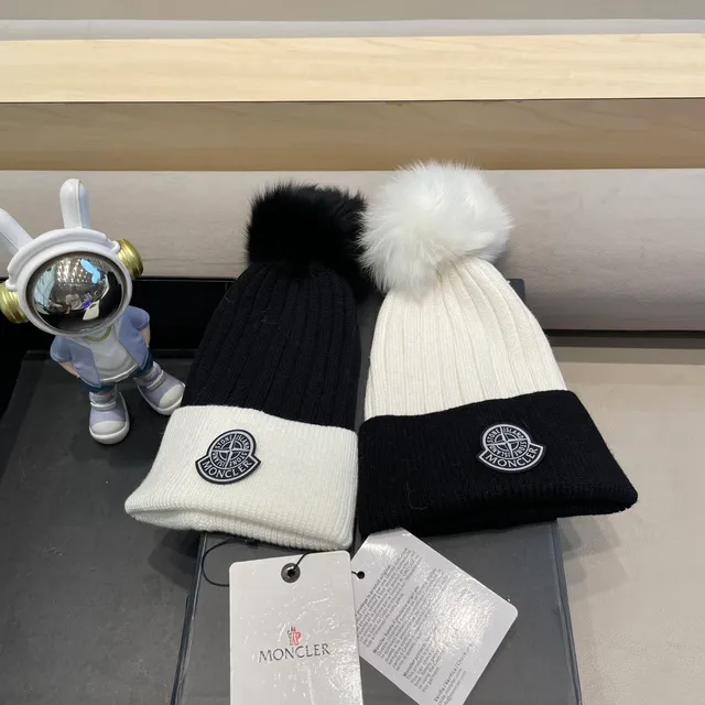 Moncler Black and White Ribbed Knit Pom-Pom Beanie 6