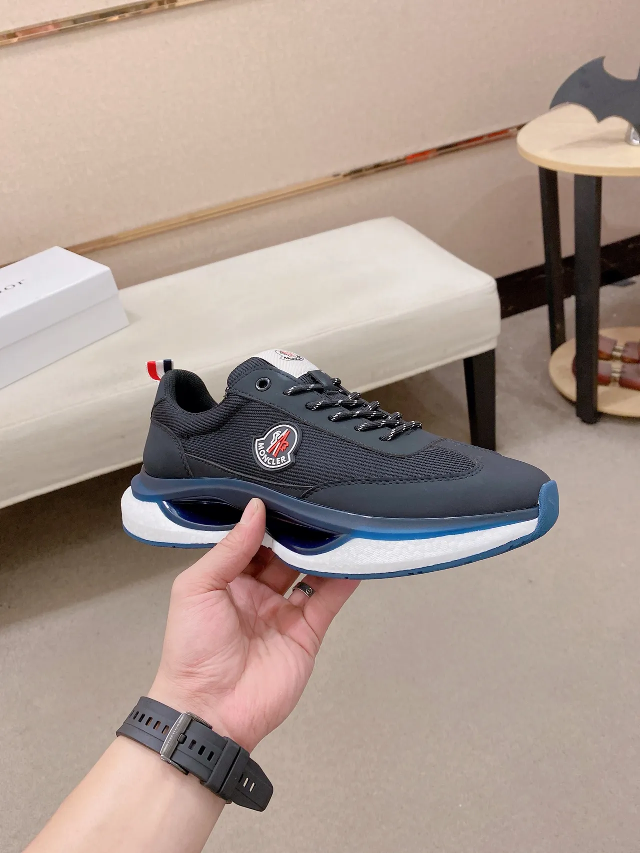 Moncler Tênis Preto Azul Com Upper De Malha-Sintético, Solado Médio Esculpido Em Camadas, Solado Espesso 6