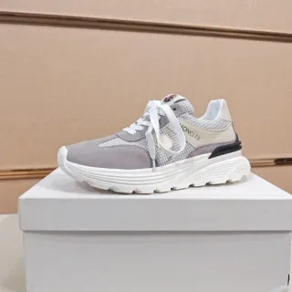 Moncler Gray Beige Mixed-Material Upper Houndstooth Textile Panel Sneakers