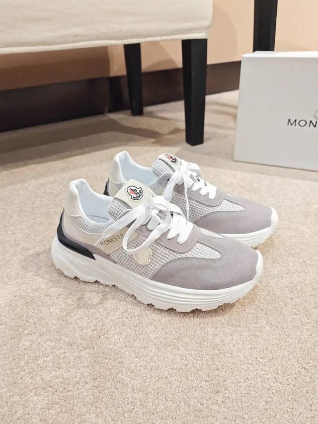 Moncler ধূসর বেইজ মিশ্রিত উপাদান উপর হাউন্ডস্টুথ টেক্সটাইল প্যানেল স্নিকার 4
