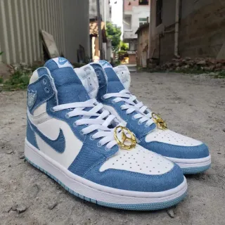 Nike Air Jordan 1 أزرق دينم أبيض ذهبي قفل الأربطة حذاء كرة السلة