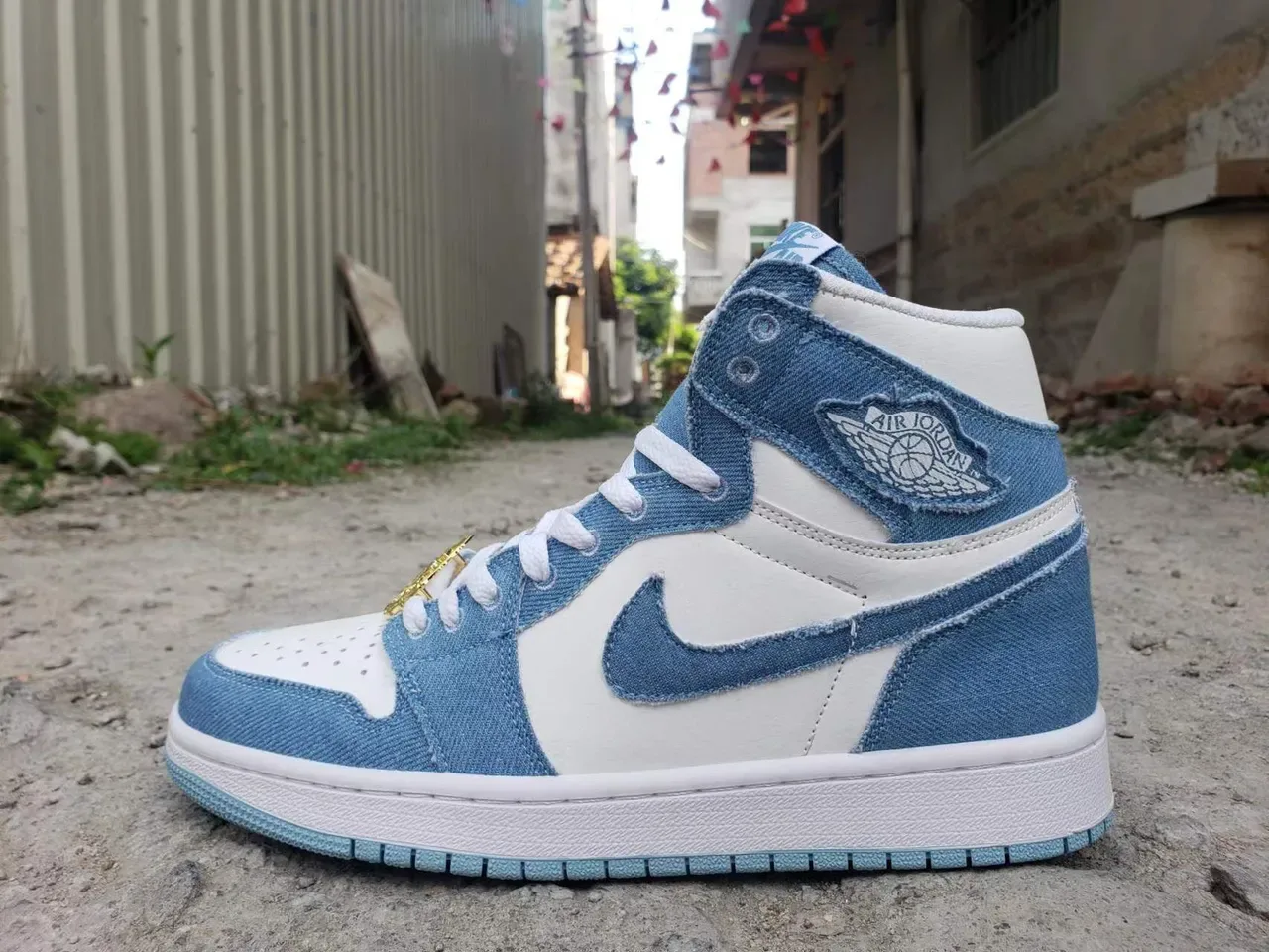 Nike Air Jordan 1 Bleu Denim Blanc Or Cadenas de Lacets Chaussures de Basketball 6