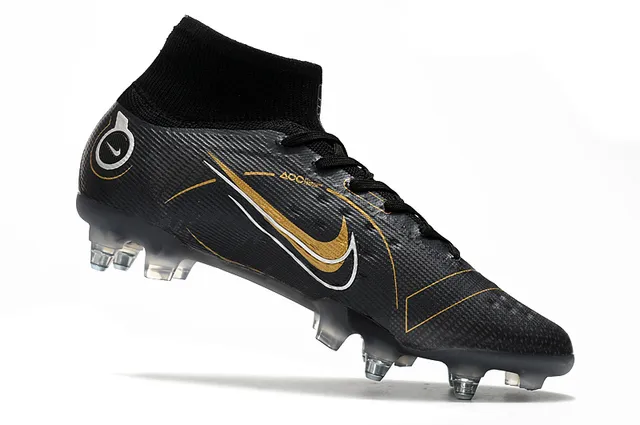 Nike أسود ذهبي عالي القطع كولار يناسب الجوارب جلد صناعي مطبق أرضية صلبة أحذية كرة القدم 3