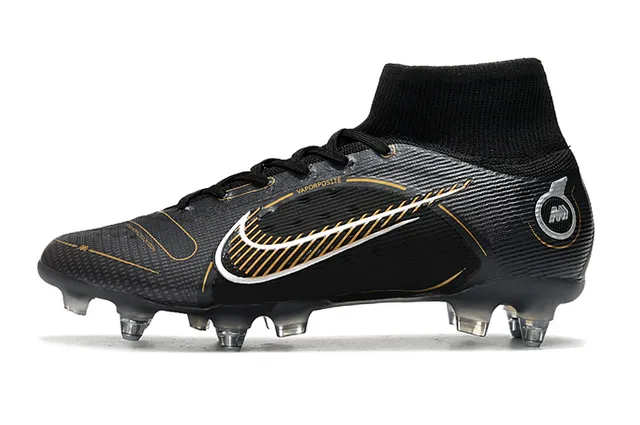Nike أسود ذهبي عالي القطع كولار يناسب الجوارب جلد صناعي مطبق أرضية صلبة أحذية كرة القدم 5