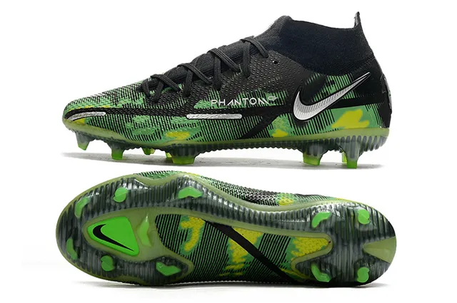 Nike Preto Verde Alto-Corte Colar Ajuste Meia Padrão Camuflagem Superior Sintético Gramado Firme Sapatos De Futebol 2