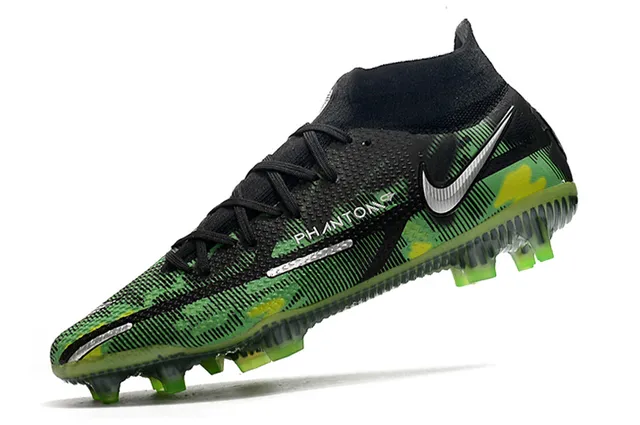 Nike Preto Verde Alto-Corte Colar Ajuste Meia Padrão Camuflagem Superior Sintético Gramado Firme Sapatos De Futebol 4