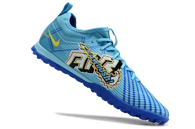 Nike Blue Yellow Light Flyknit Upper Vibrant Graphic Overlay Turf Soccer Shoes 2