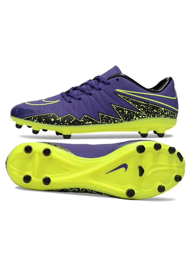 Nike HyperVenom بنفسجي أصفر منخفض القطع علوي اصطناعي نمط شيفرون طبقة مقدمة أرضية ثابتة أحذية كرة القدم 6