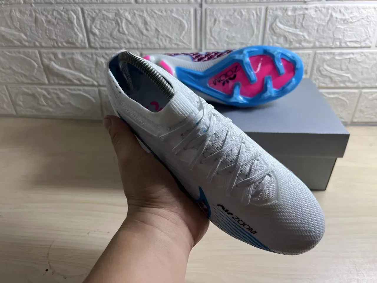 Nike Mercurial Vapor Air Zoom Blanco Azul Rosa Zapatillas de fútbol para terreno firme 6