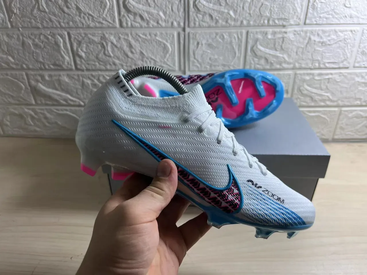 Nike Mercurial Vapor Air Zoom Blanco Azul Rosa Zapatillas de fútbol para terreno firme 7