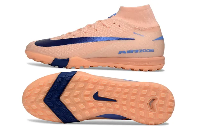 Nike Sapatos de futebol Turf com upper Flyknit laranja e azul, gola sock-fit 5