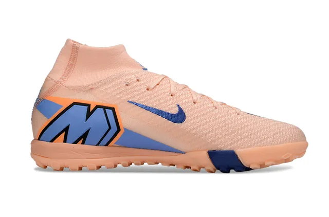 Nike Sapatos de futebol Turf com upper Flyknit laranja e azul, gola sock-fit 7