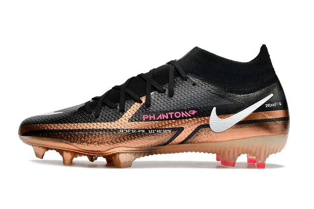 Nike Phantom GT কালো সোনা হাই-কাট নিট কলার অসমমিত লেসিং ফার্ম-গ্রাউন্ড সকার শোজ 5